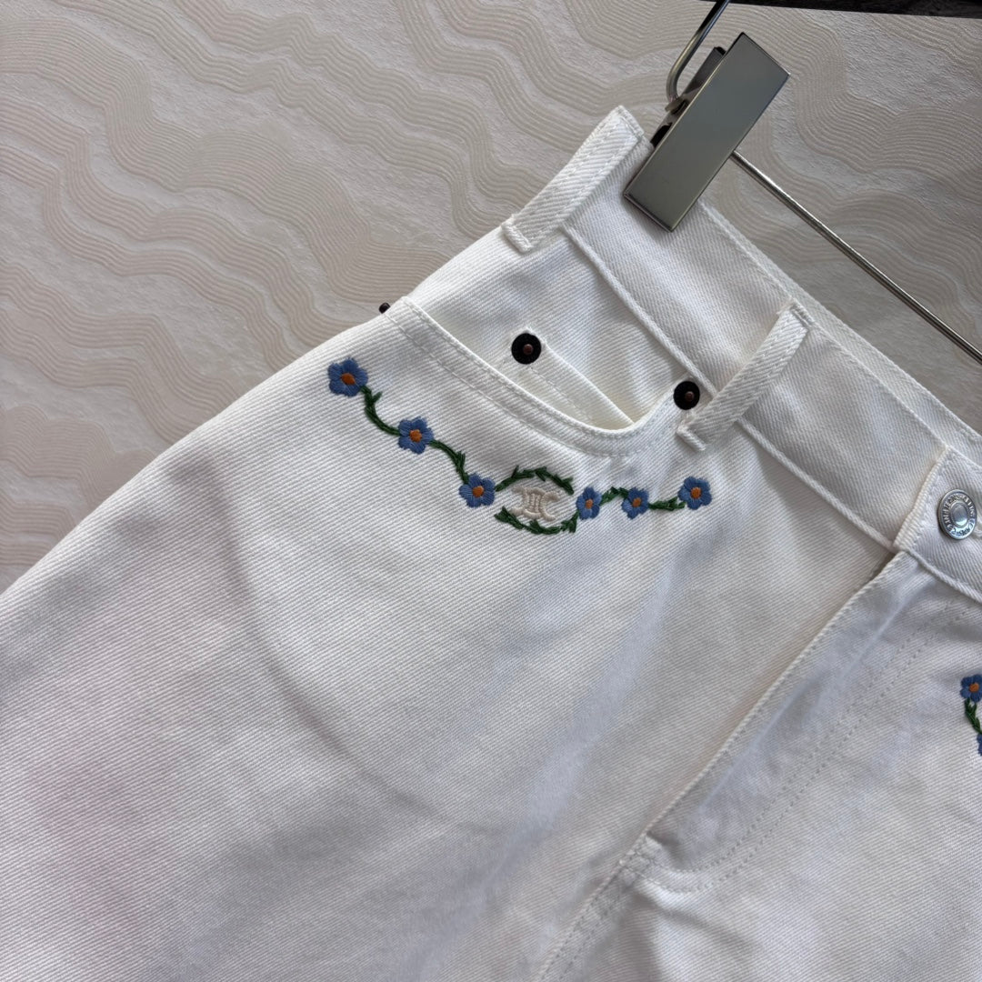 Celine 25 Embroidered Small Flower Skirt White  Cotton