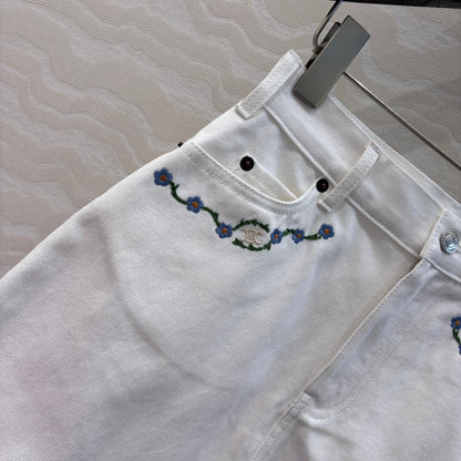 Celine 25 Embroidered Small Flower Skirt White  Cotton
