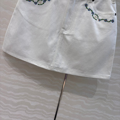 Celine 25 Embroidered Small Flower Skirt White  Cotton