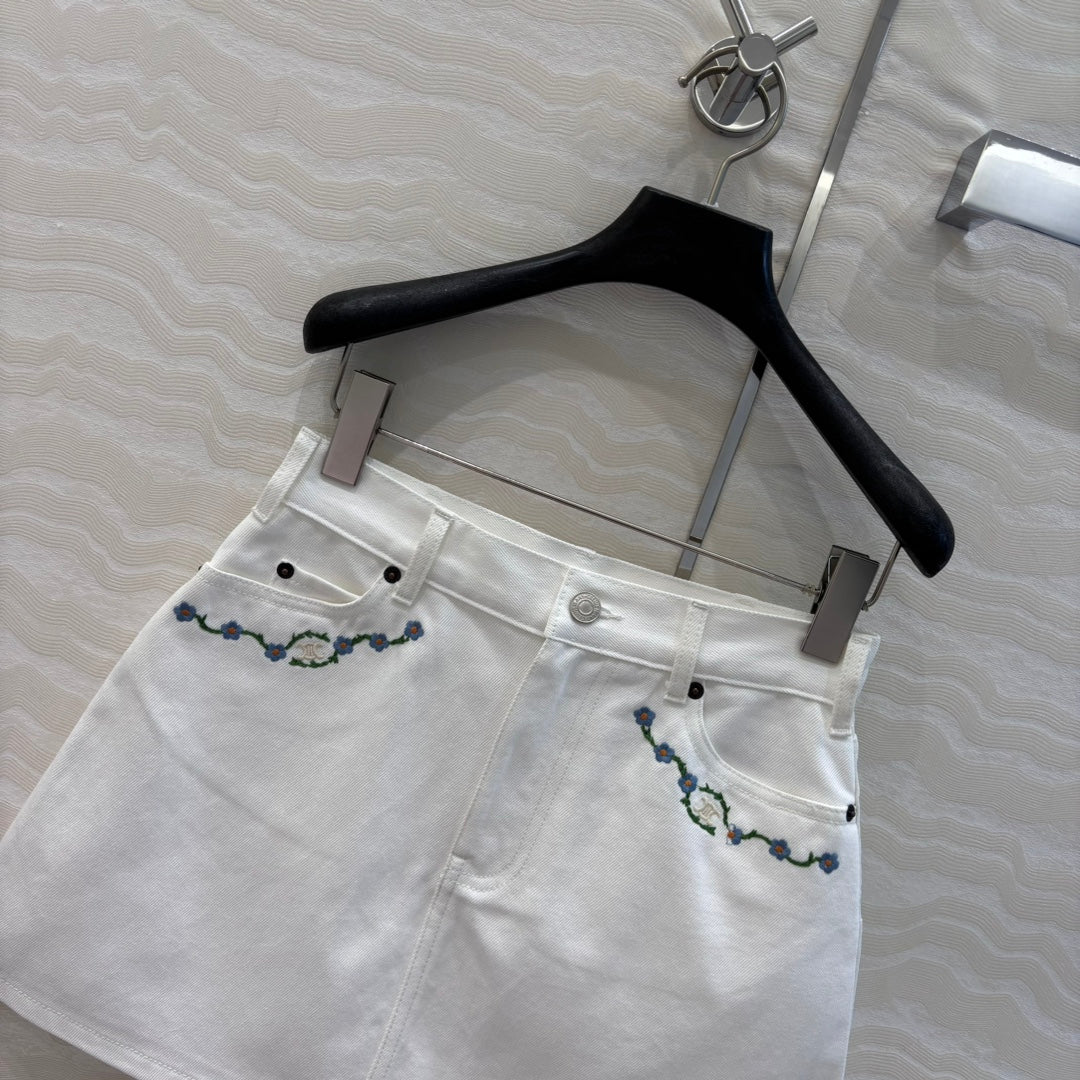 Celine 25 Embroidered Small Flower Skirt White  Cotton