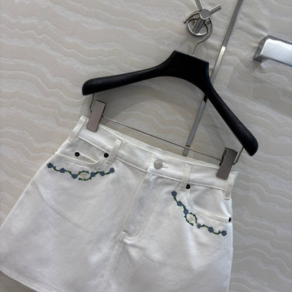 Celine 25 Embroidered Small Flower Skirt White  Cotton