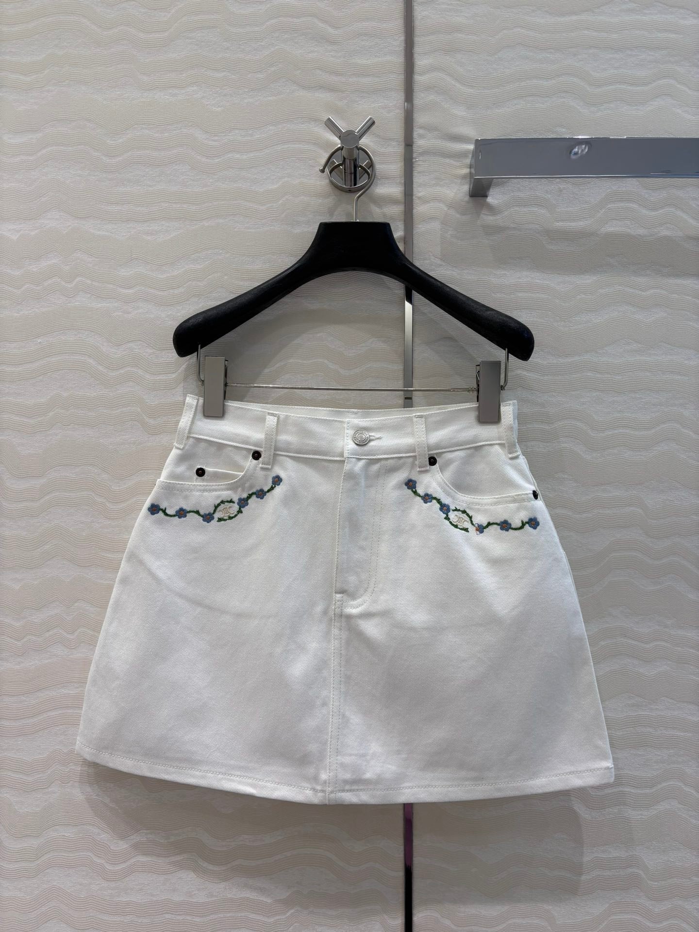 Celine 25 Embroidered Small Flower Skirt White  Cotton