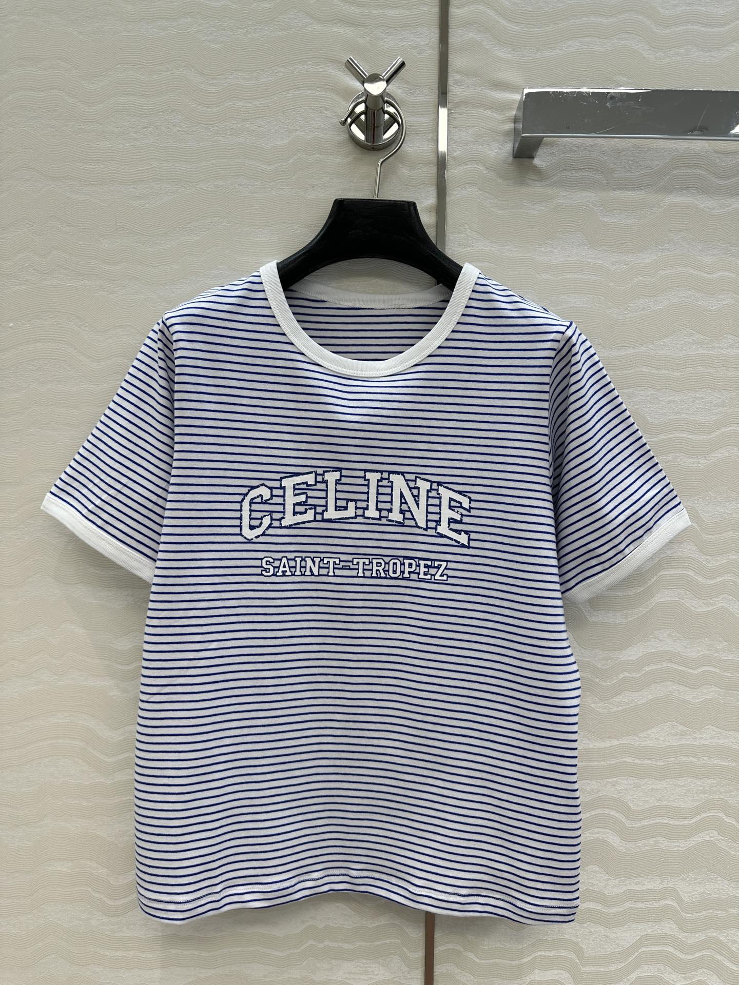 Celine 25 Striped Letter Short-sleeved T-shirt Blue White Cotton