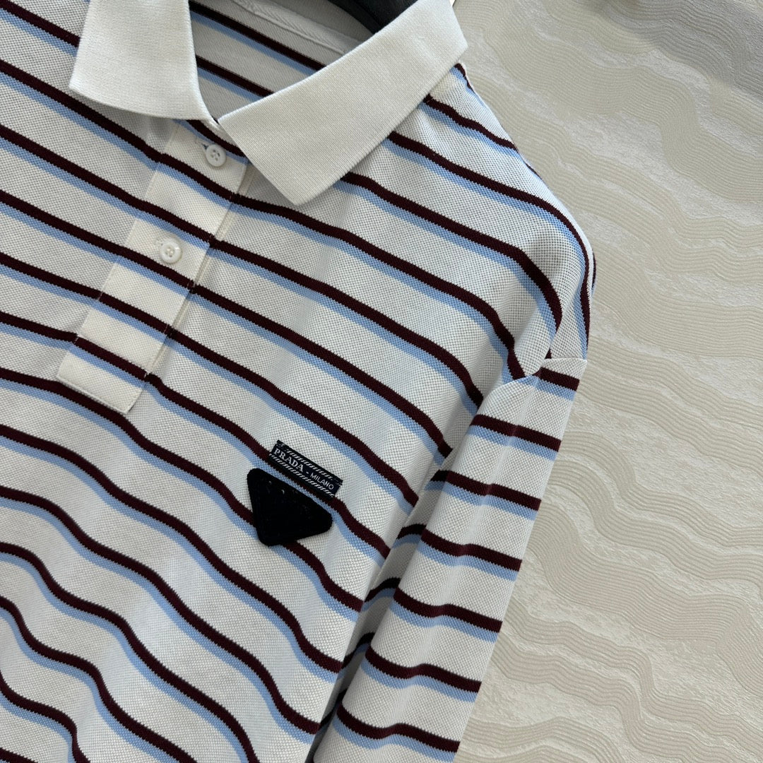 Prada 2025 Striped Long Sleeve Polo Shirt Cotton