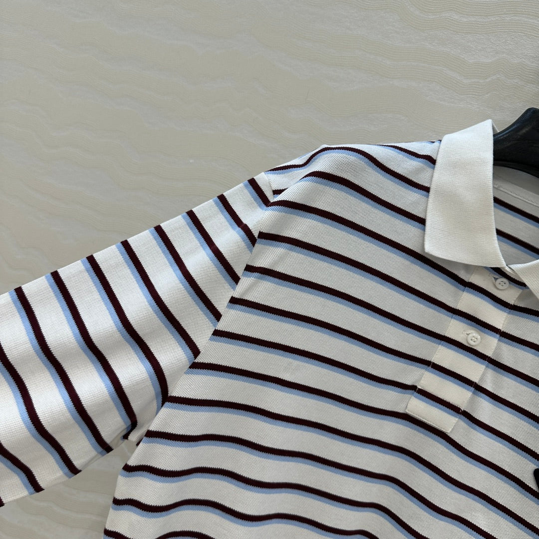 Prada 2025 Striped Long Sleeve Polo Shirt Cotton