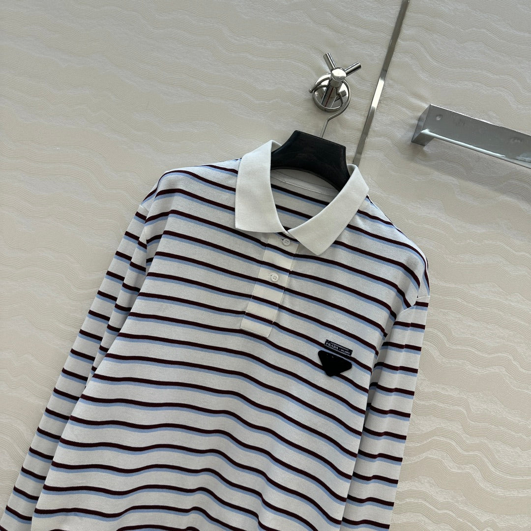 Prada 2025 Striped Long Sleeve Polo Shirt Cotton