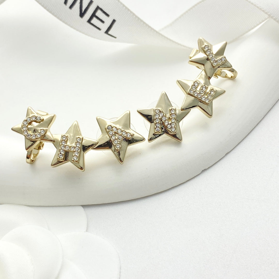 CC  Full Diamond Light Gold 3 Star Stud Earrings