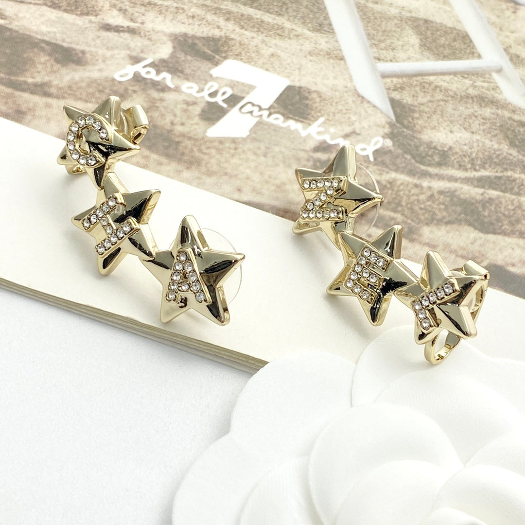 CC  Full Diamond Light Gold 3 Star Stud Earrings