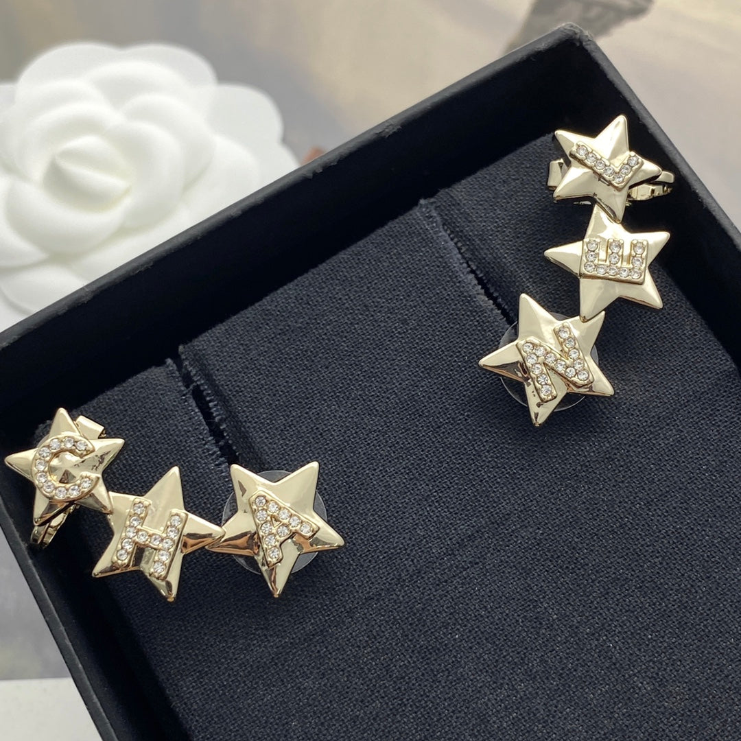 CC  Full Diamond Light Gold 3 Star Stud Earrings
