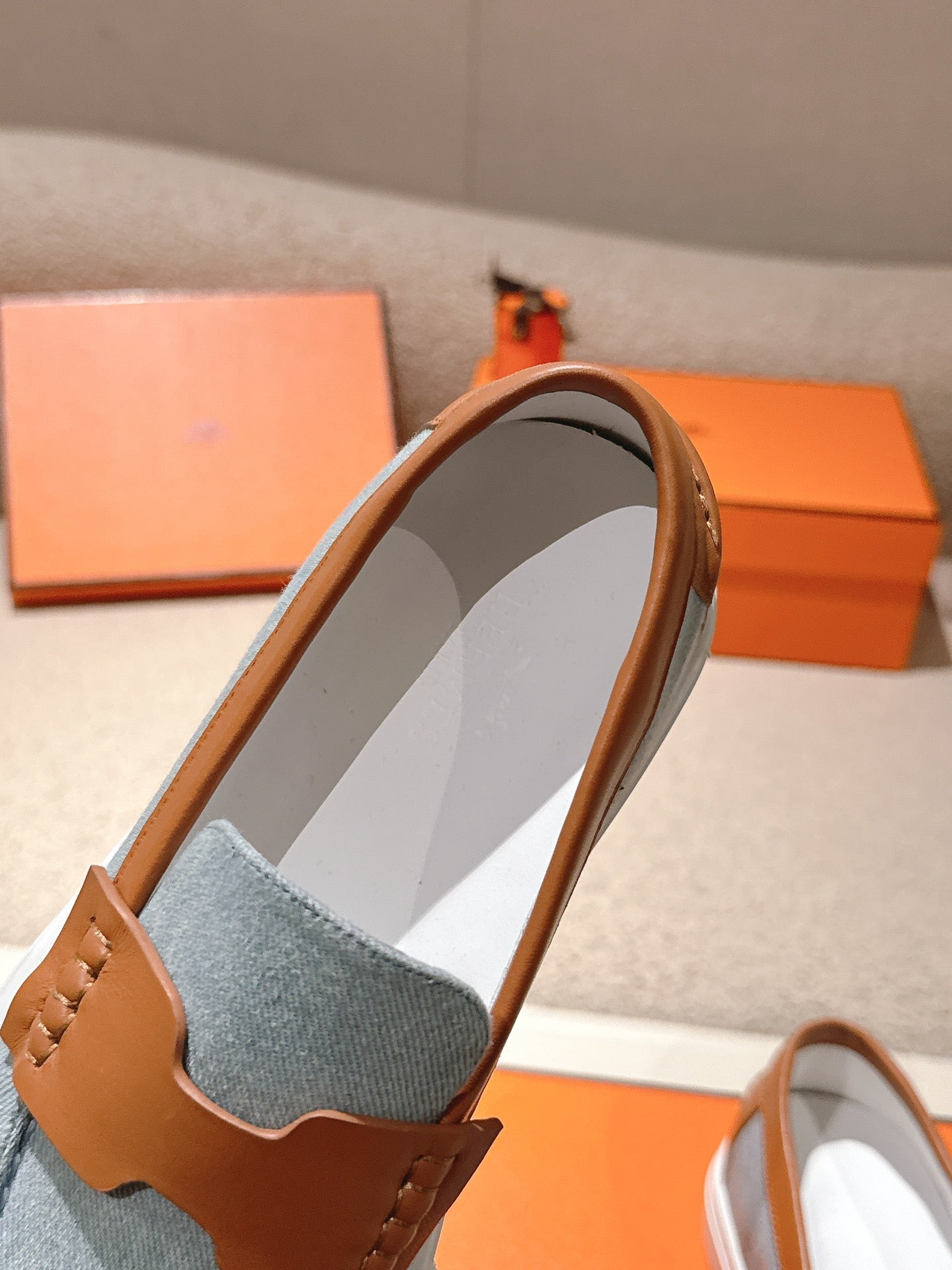 HM 25ss Platform Loafers Light Blue Brown Denim Sheepskin 577170