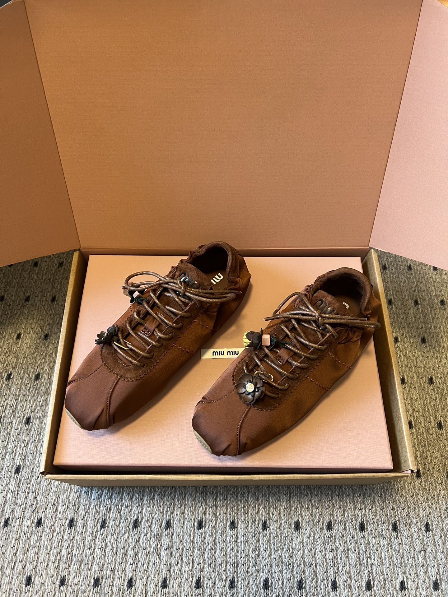 Miu Miu 2026  Plume Sneaker With Floral Charm Dark Brown Satin 621343