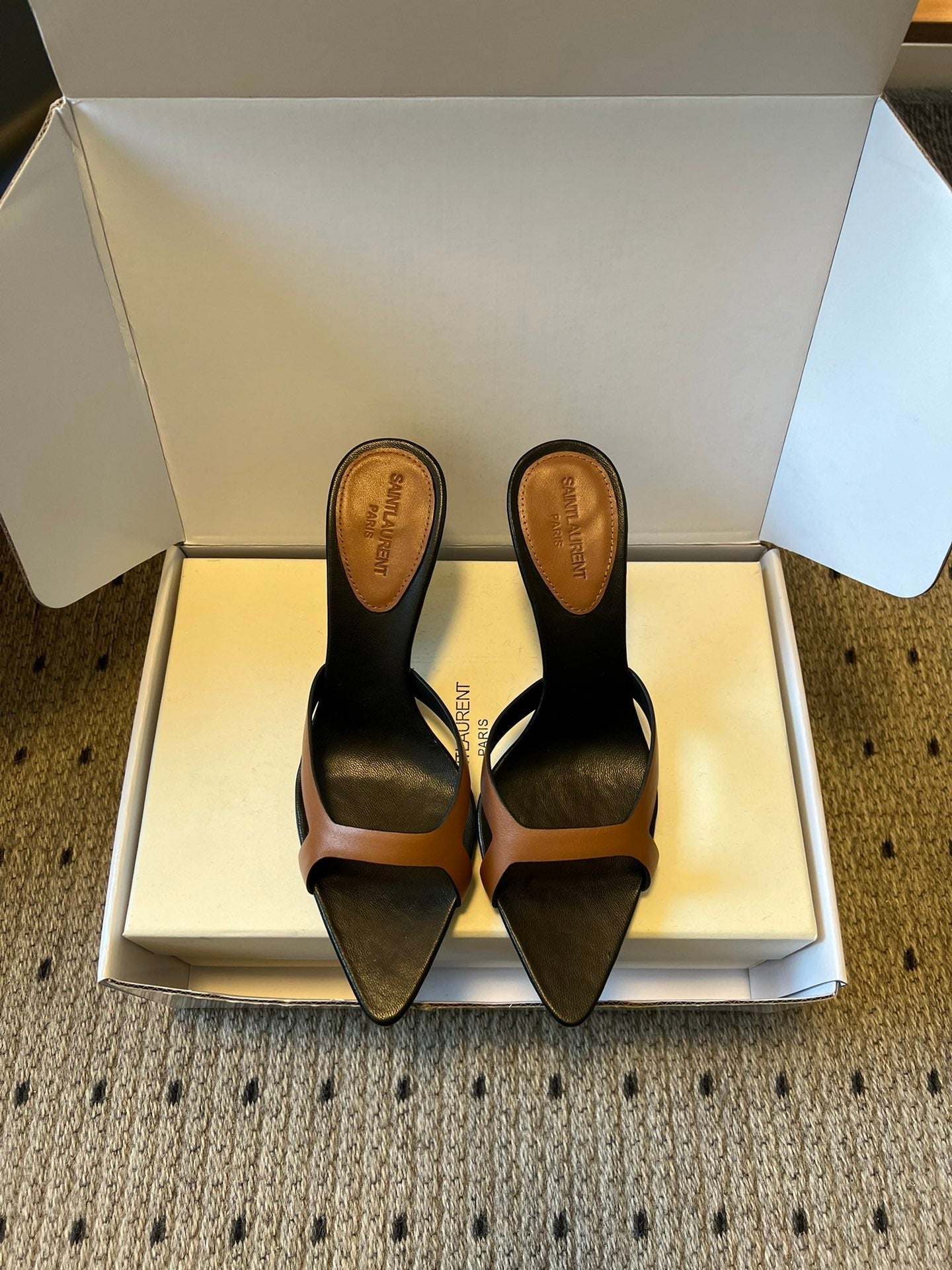 YSL 26ss High Heeled Mules 75 Black Brown Cowhide 651761