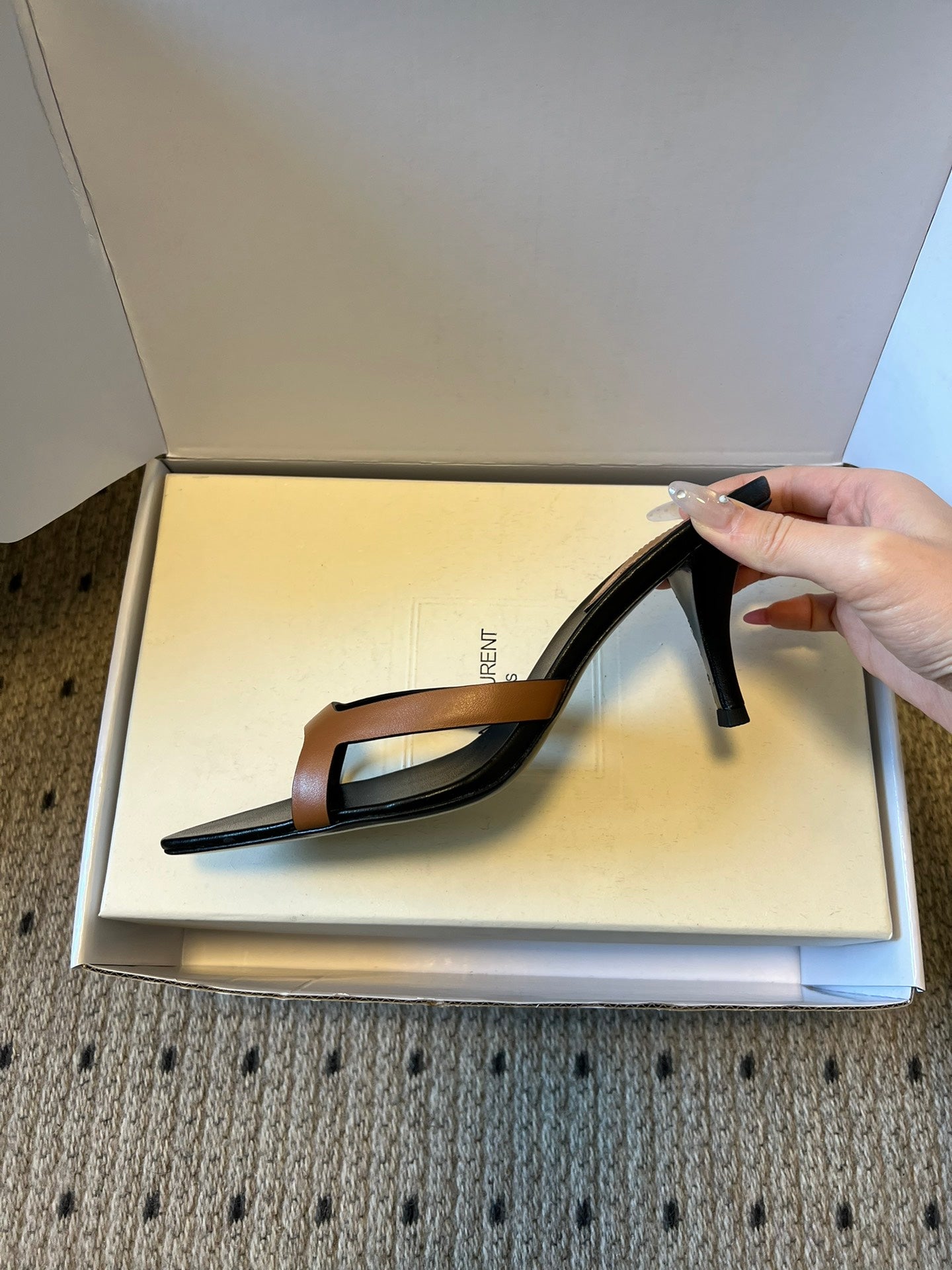 YSL 26ss High Heeled Mules 75 Black Brown Cowhide 651761