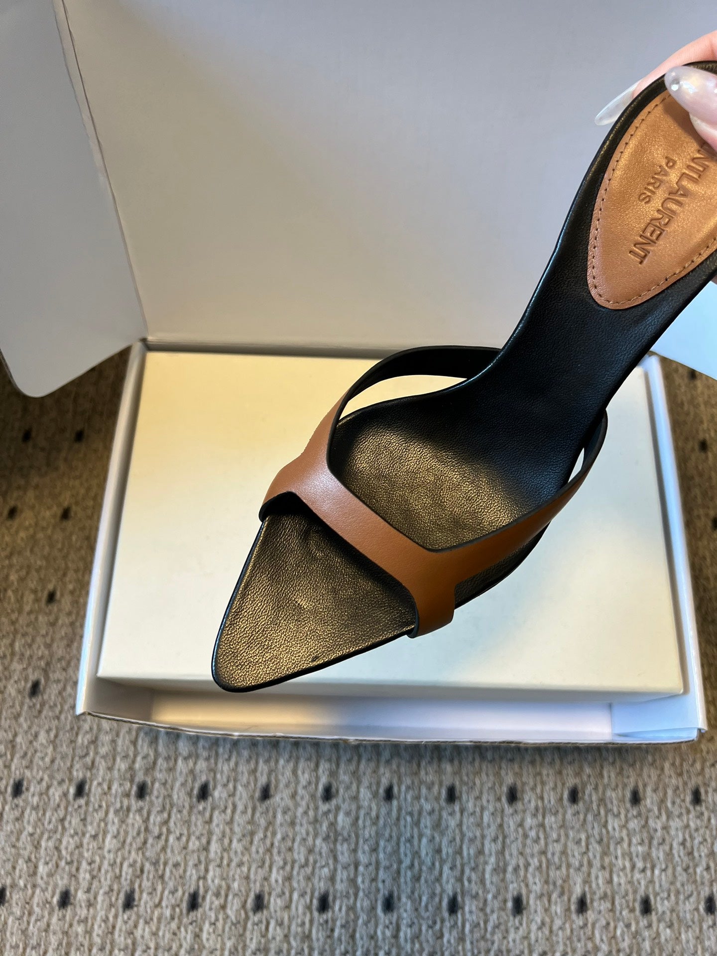 YSL 26ss High Heeled Mules 75 Black Brown Cowhide 651761