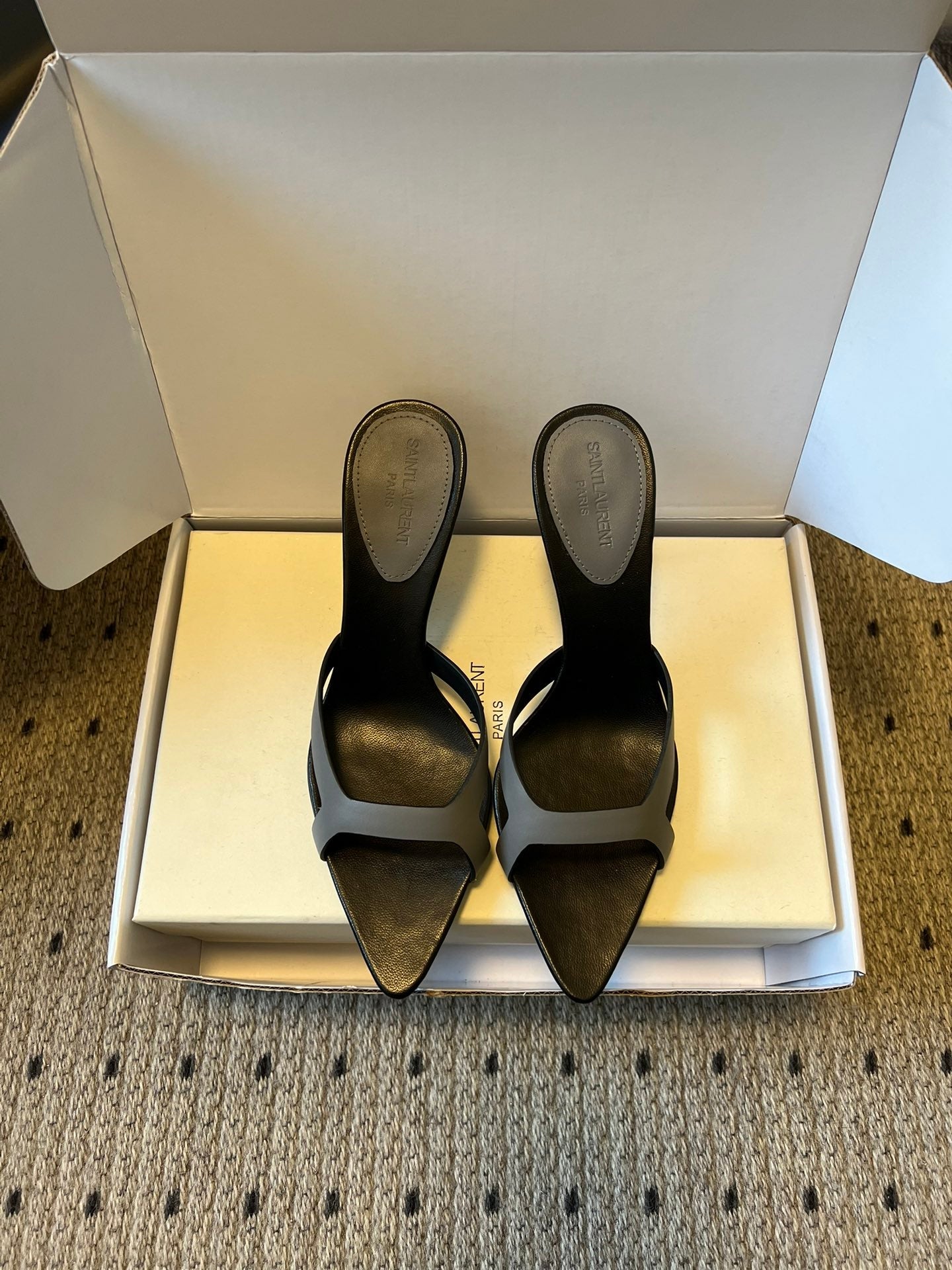 YSL 26ss High Heeled Mules 75 Black Gray Cowhide 651762