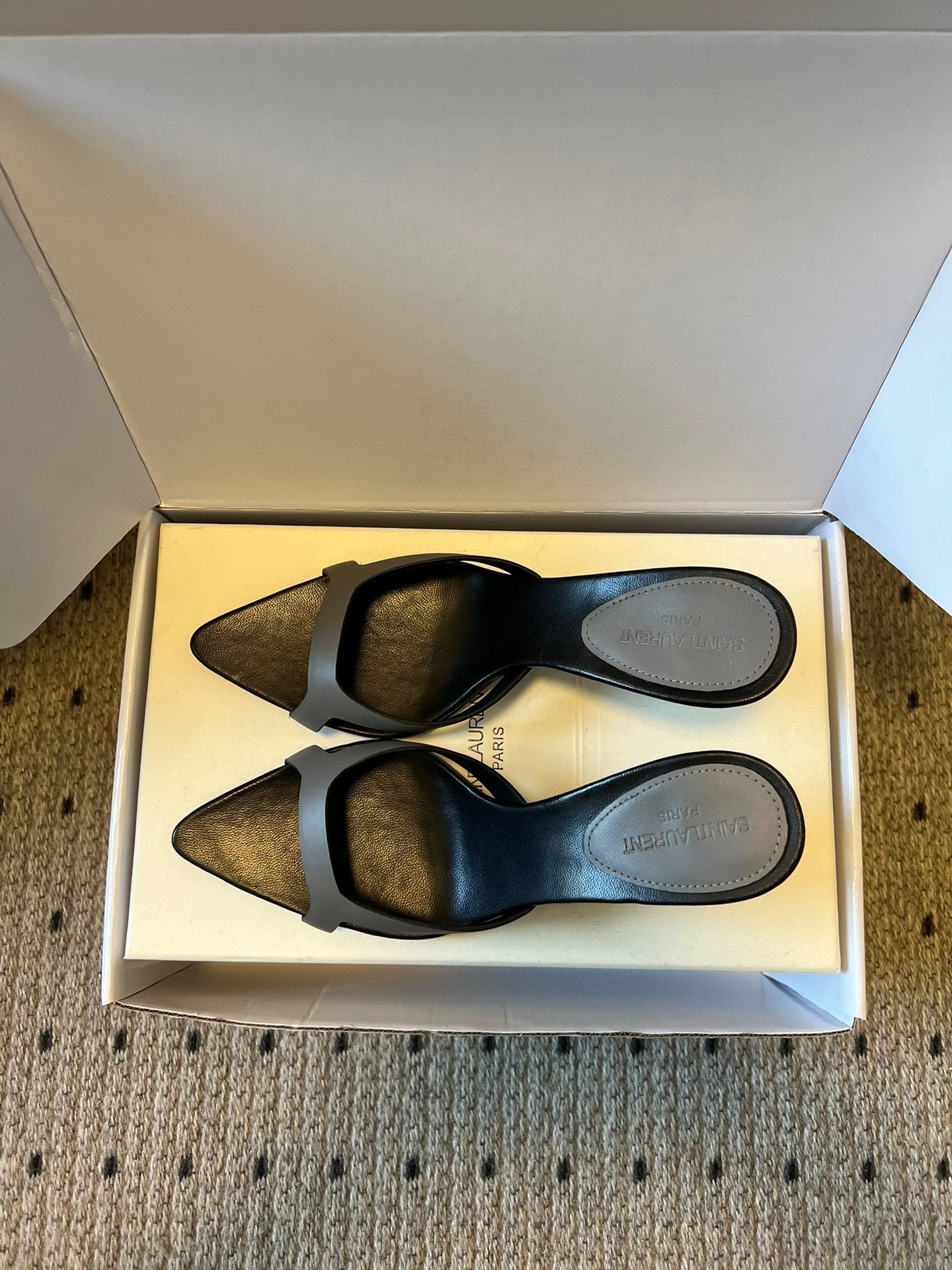 YSL 26ss High Heeled Mules 75 Black Gray Cowhide 651762