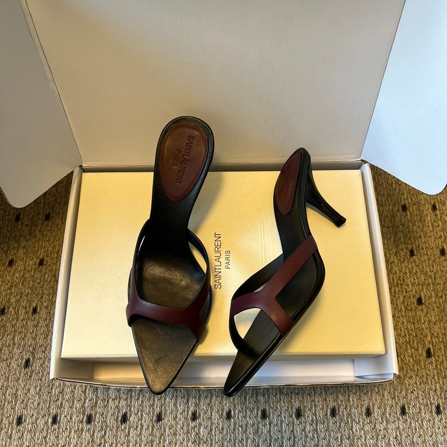 YSL 26ss High Heeled Mules 75 Black Burgundy Cowhide 651764