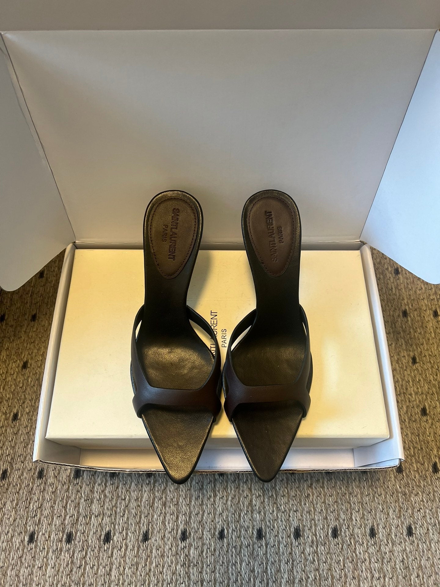 YSL 26ss High Heeled Mules 75 Black Cowhide 651765