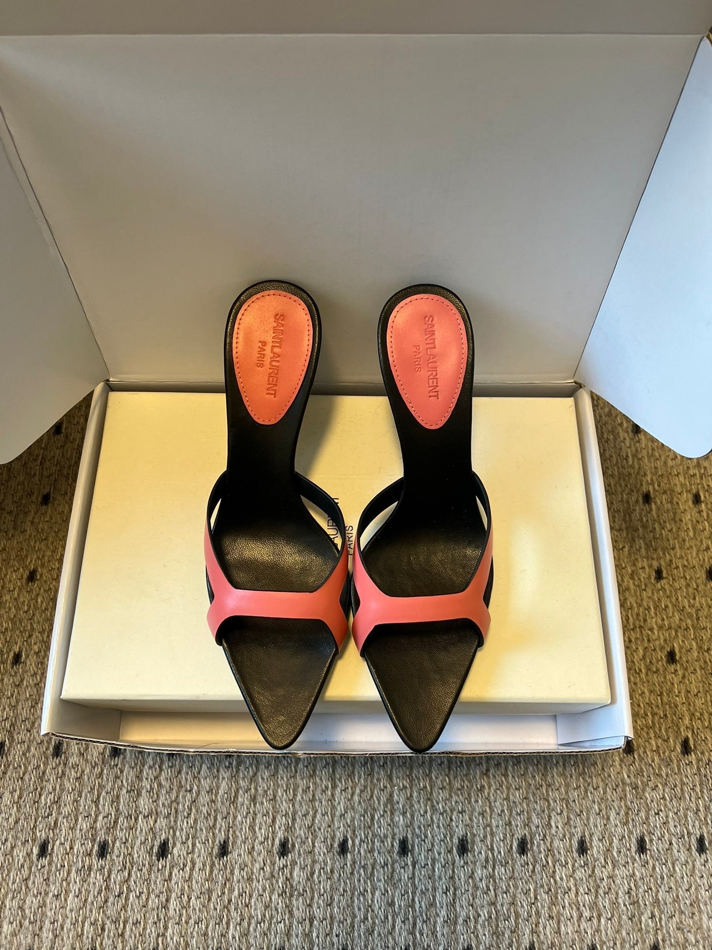 YSL 26ss High Heeled Mules 75 Black Pink Cowhide 651768