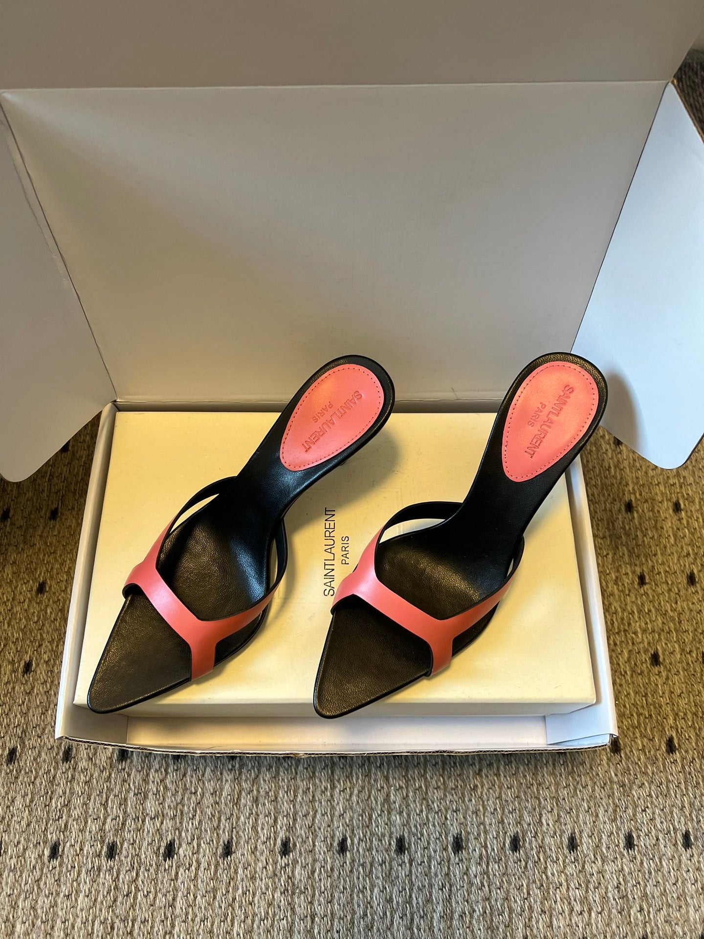 YSL 26ss High Heeled Mules 75 Black Pink Cowhide 651768