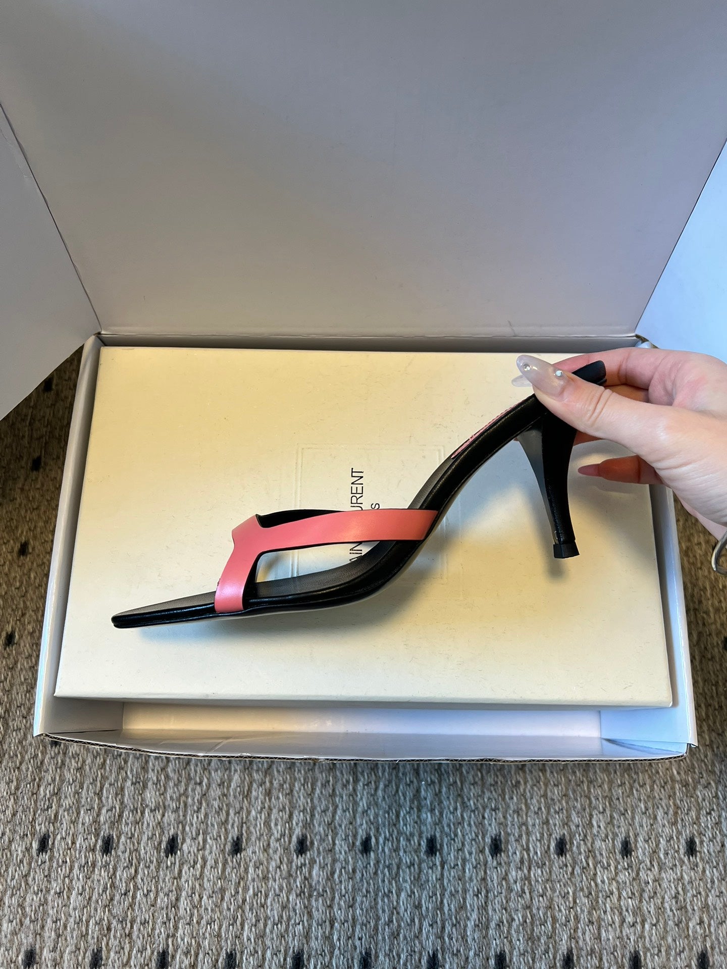 YSL 26ss High Heeled Mules 75 Black Pink Cowhide 651768
