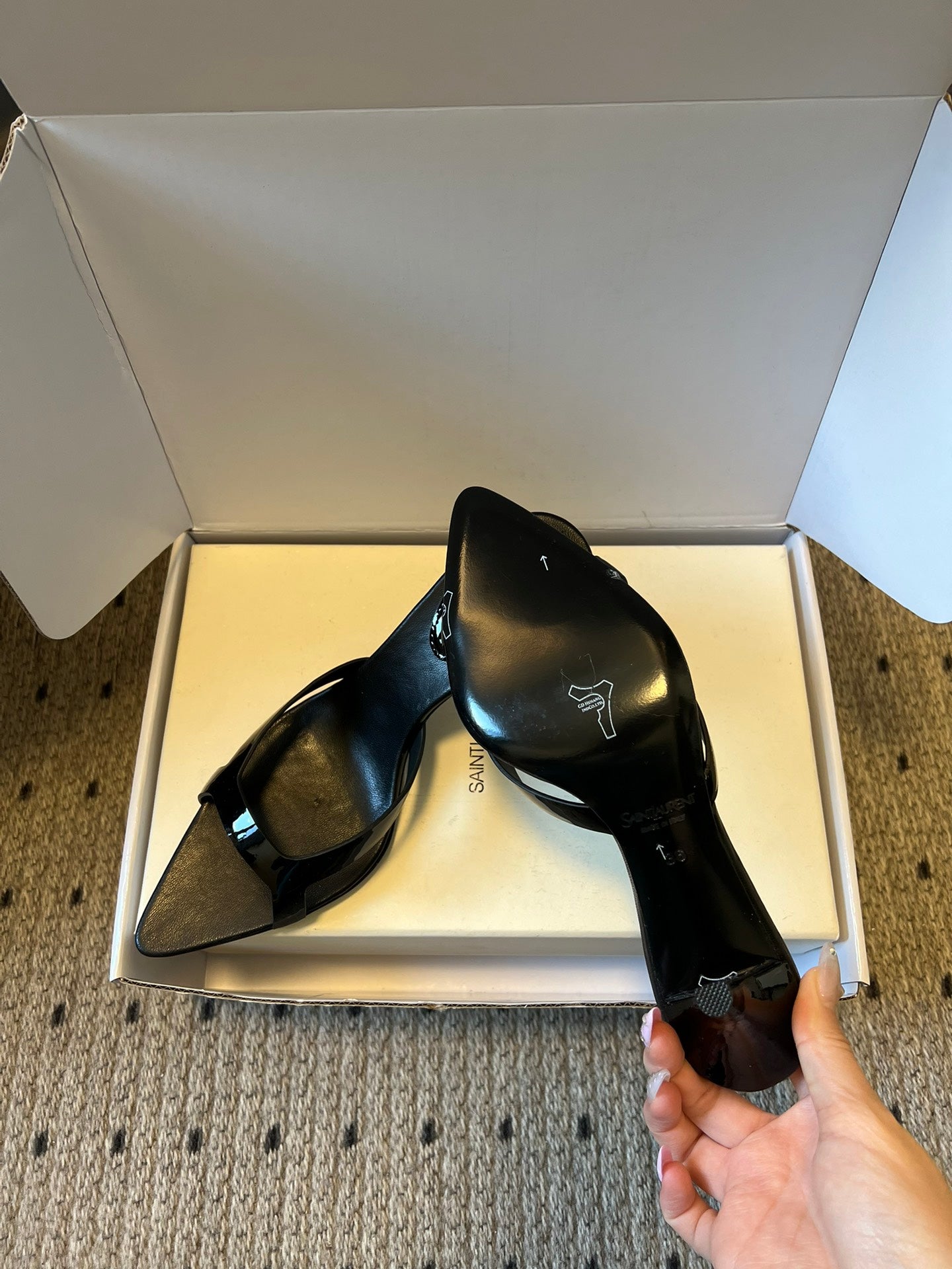 YSL 26ss High Heeled Mules 75 Black Patent Leather Cowhide 651767