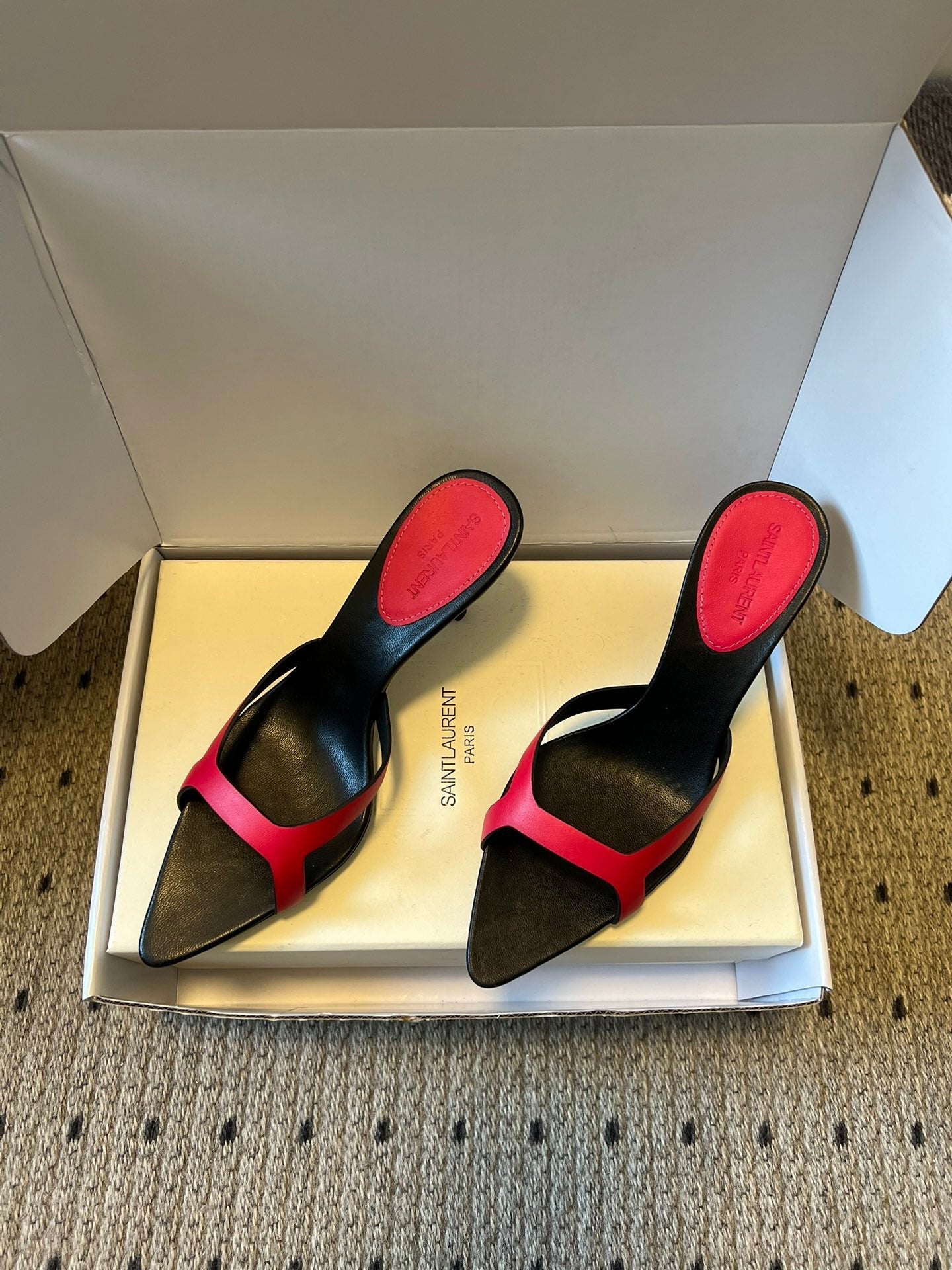 YSL 26ss High Heeled Mules 75 Black Dark Pink Cowhide 651768