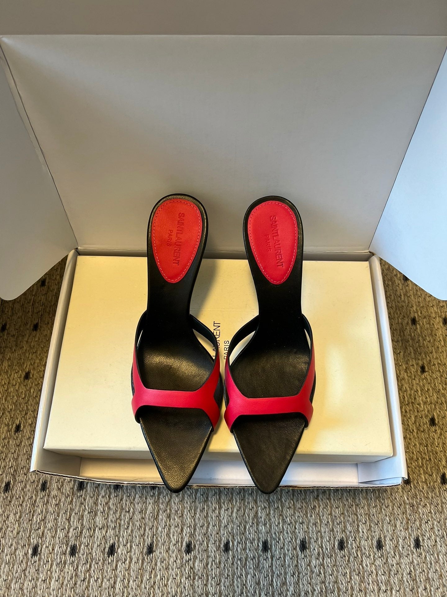 YSL 26ss High Heeled Mules 75 Black Dark Pink Cowhide 651768