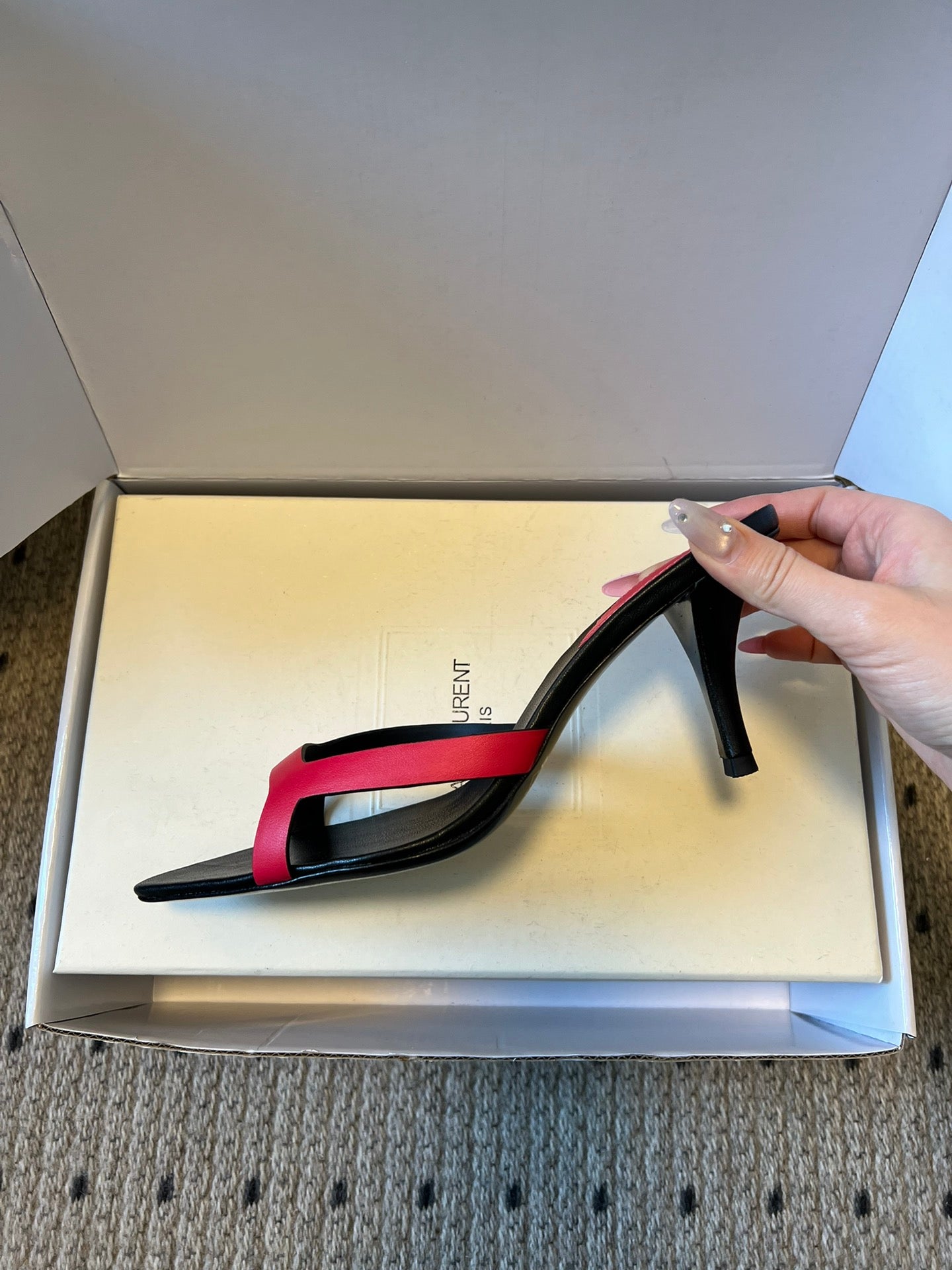 YSL 26ss High Heeled Mules 75 Black Dark Pink Cowhide 651768