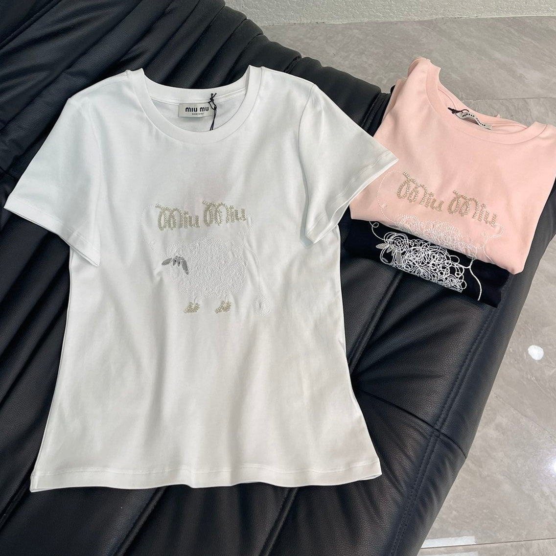 Miumiu 2026 Embroidered Sheep Short-Sleeve T-Shirt Cotton 343442