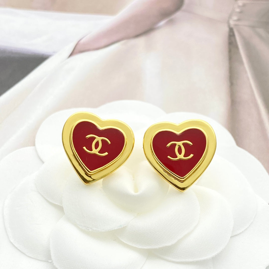 CC Red Enamel Gold Double C Heart Earrings