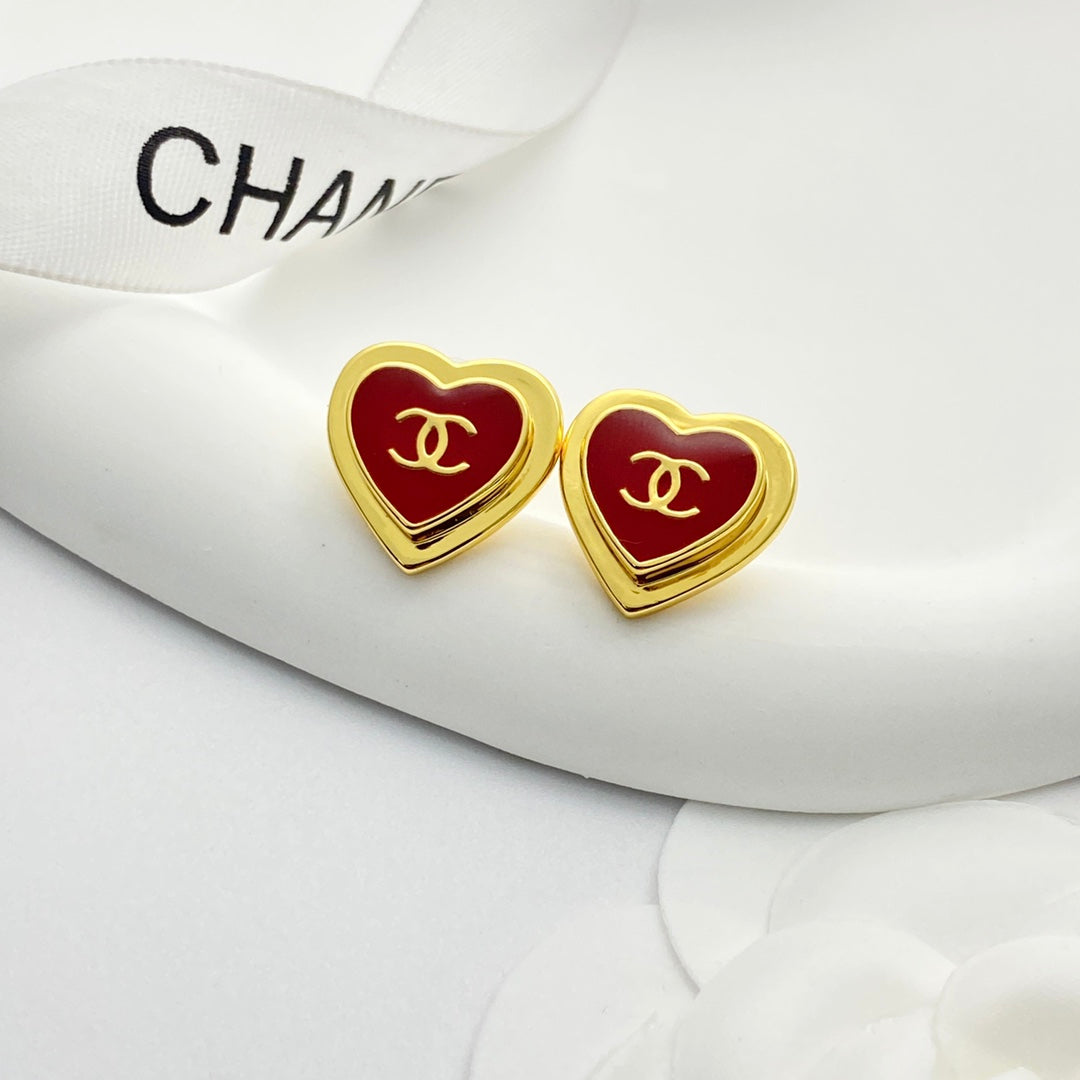 CC Red Enamel Gold Double C Heart Earrings