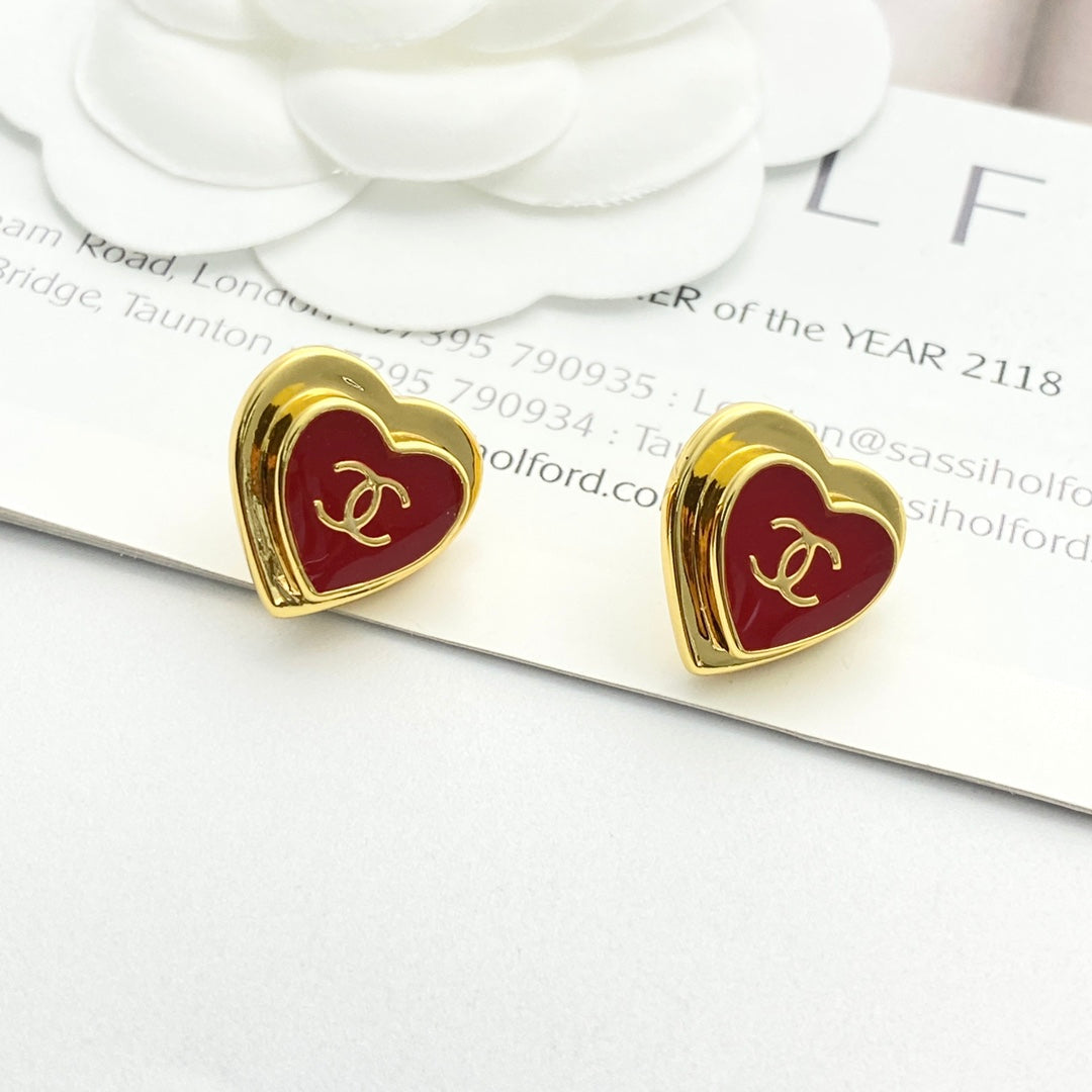 CC Red Enamel Gold Double C Heart Earrings