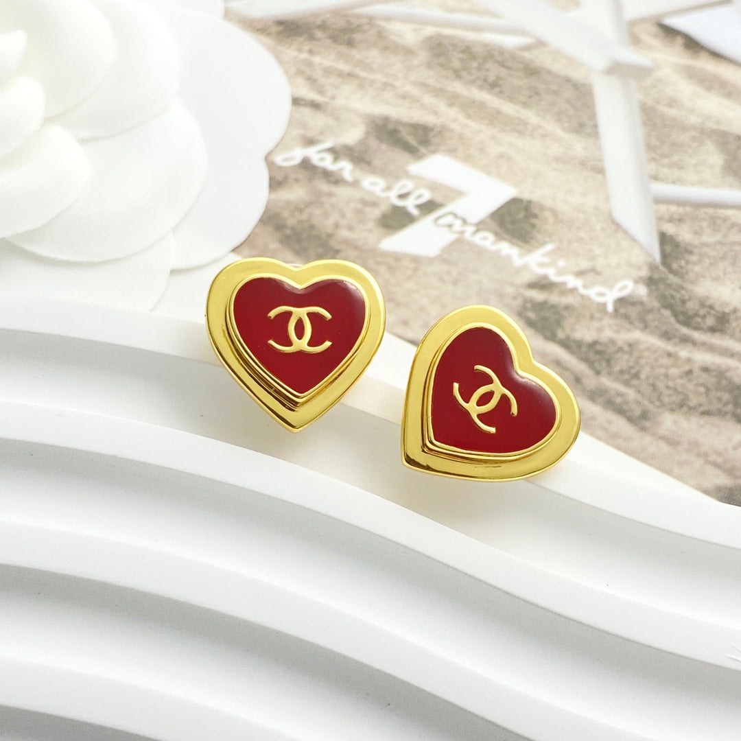 CC Red Enamel Gold Double C Heart Earrings