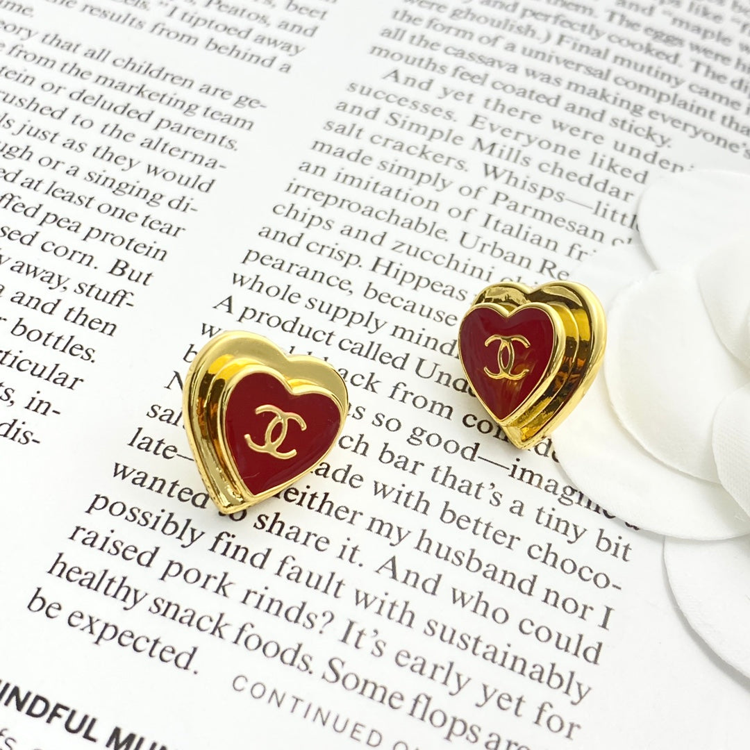 CC Red Enamel Gold Double C Heart Earrings