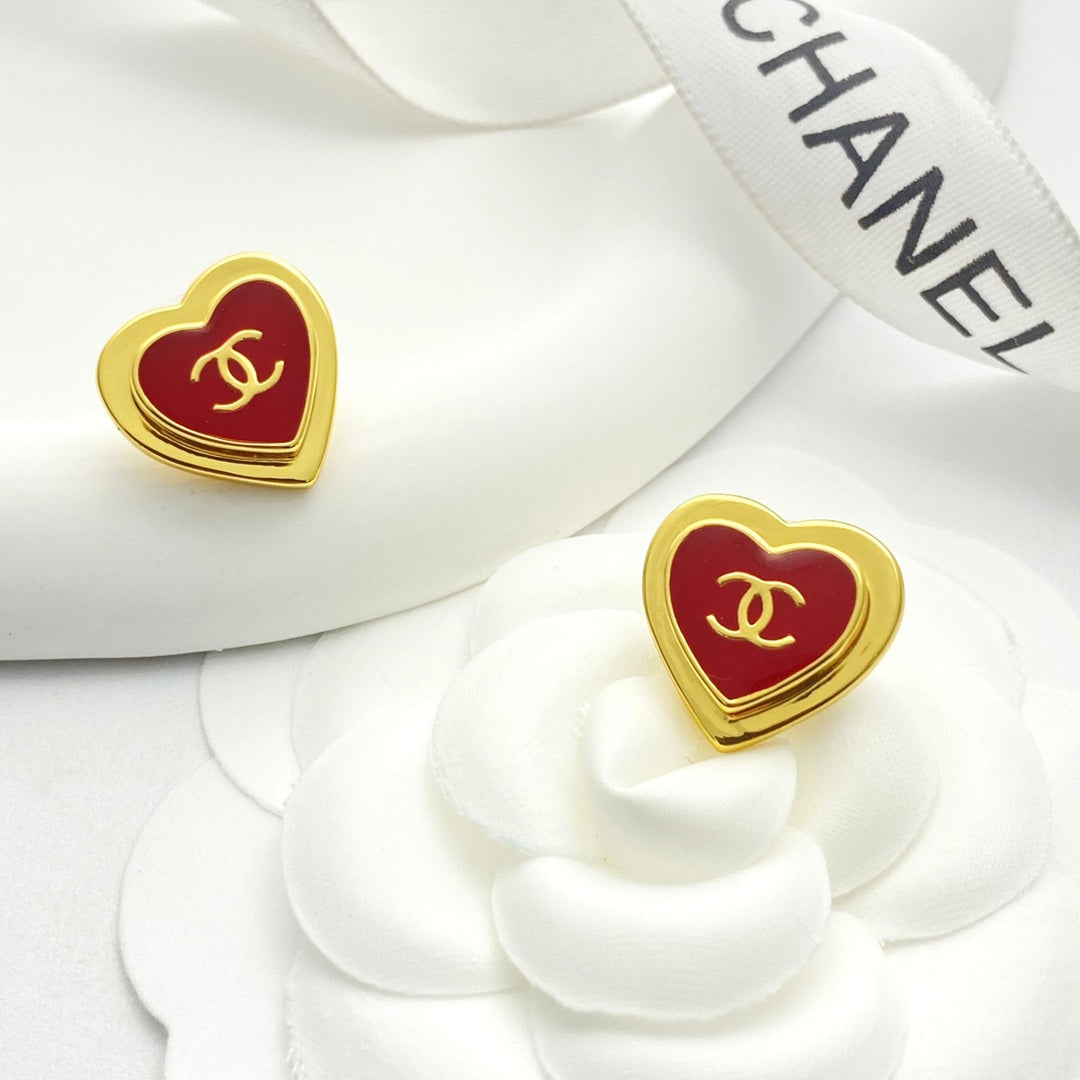 CC Red Enamel Gold Double C Heart Earrings