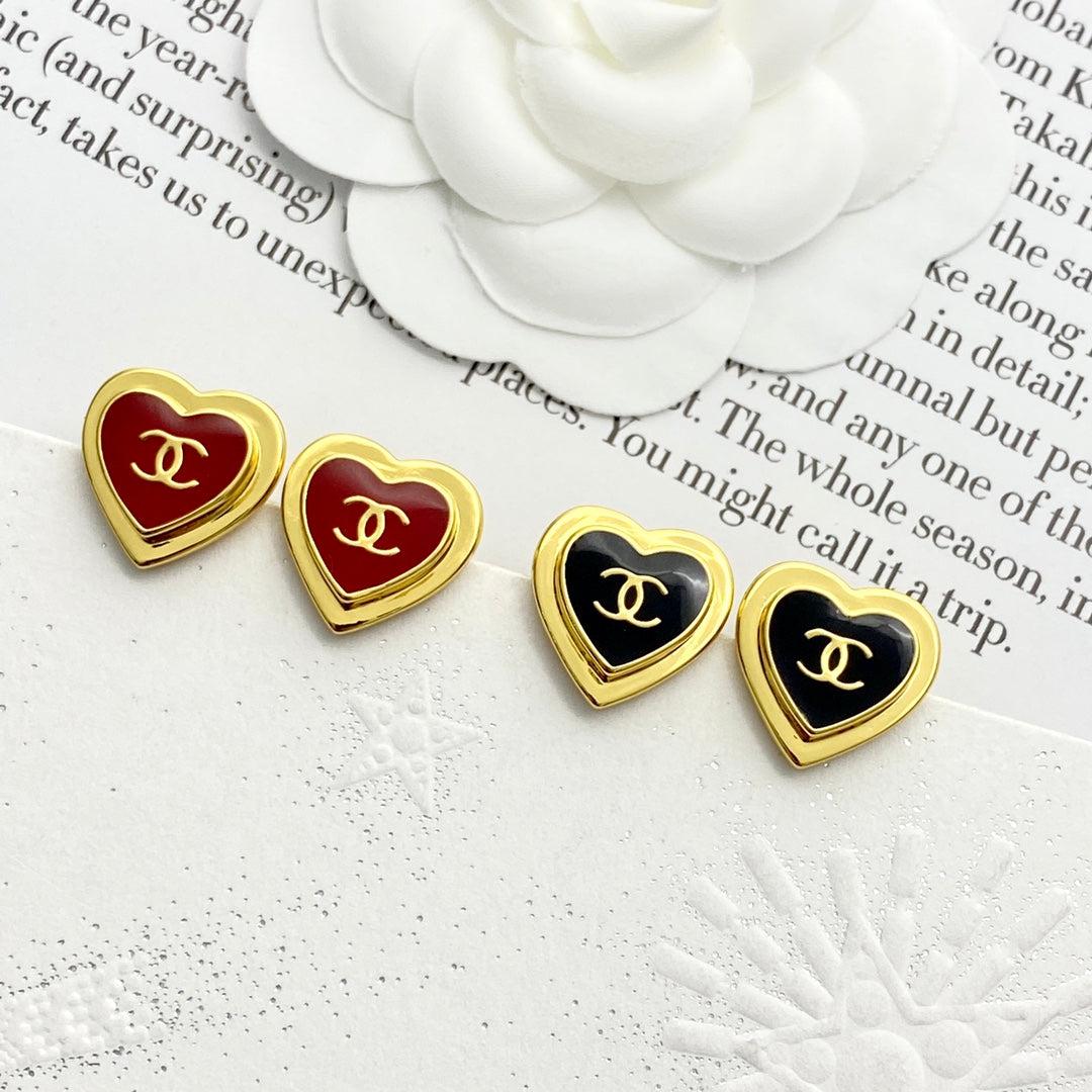CC Red Enamel Gold Double C Heart Earrings