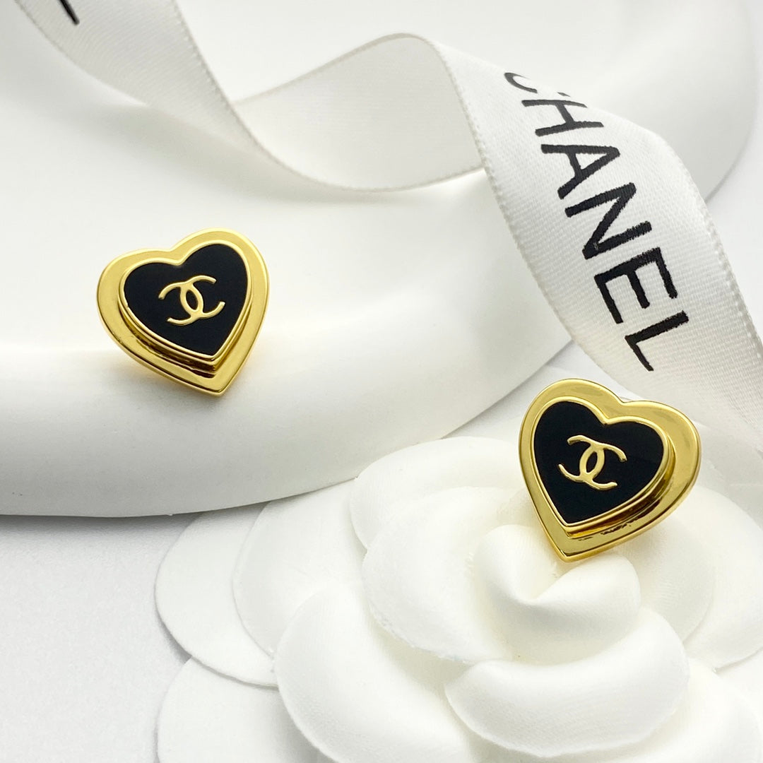 CC Black Enamel Gold Double C Heart Earrings