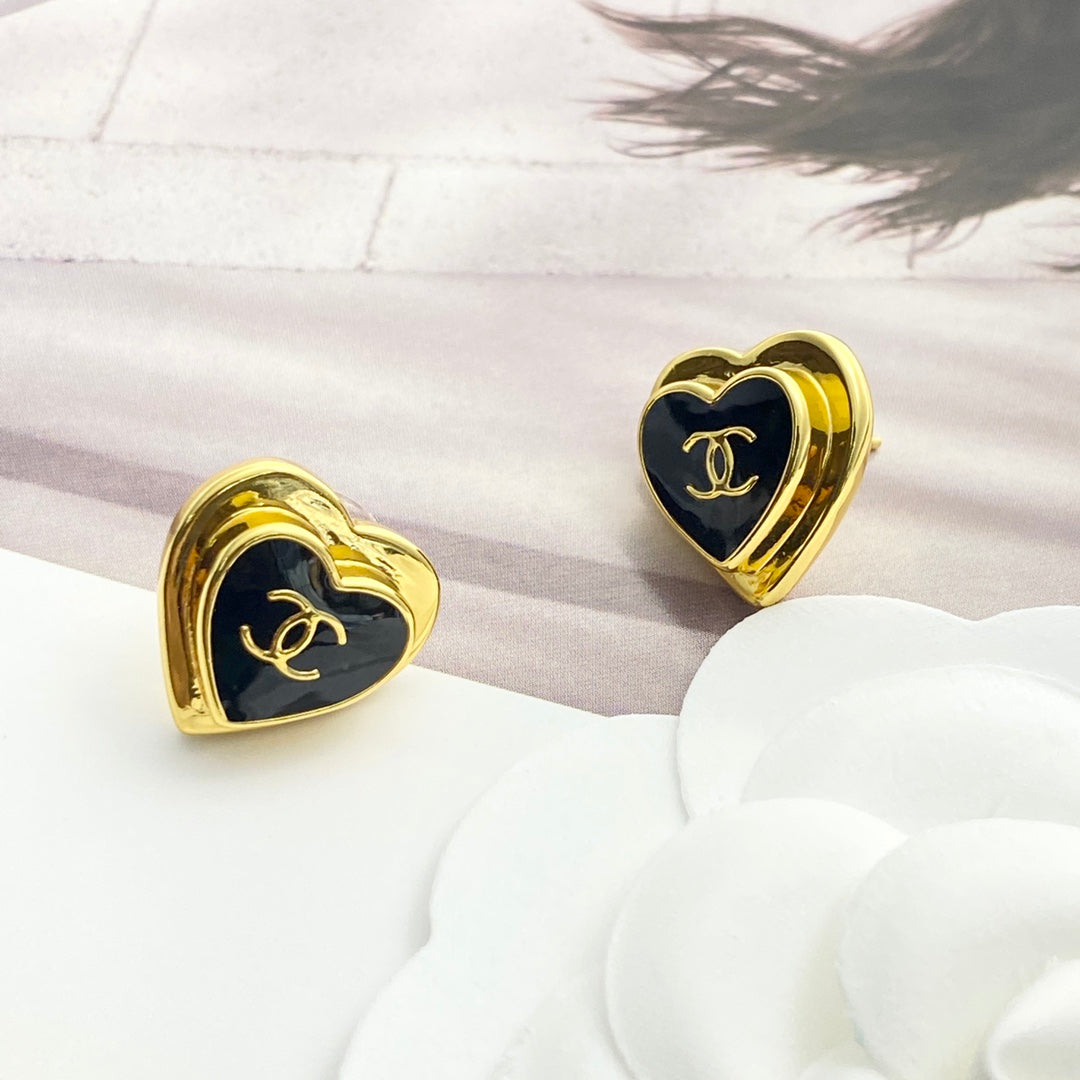 CC Black Enamel Gold Double C Heart Earrings