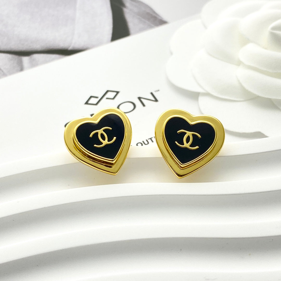 CC Black Enamel Gold Double C Heart Earrings