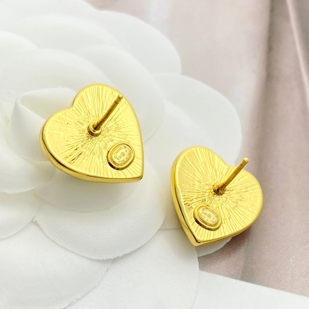 CC Black Enamel Gold Double C Heart Earrings