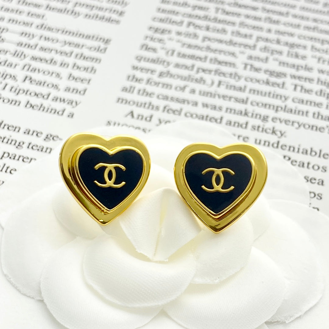 CC Black Enamel Gold Double C Heart Earrings