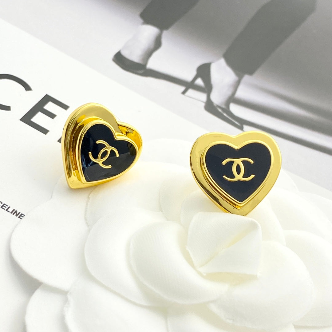 CC Black Enamel Gold Double C Heart Earrings
