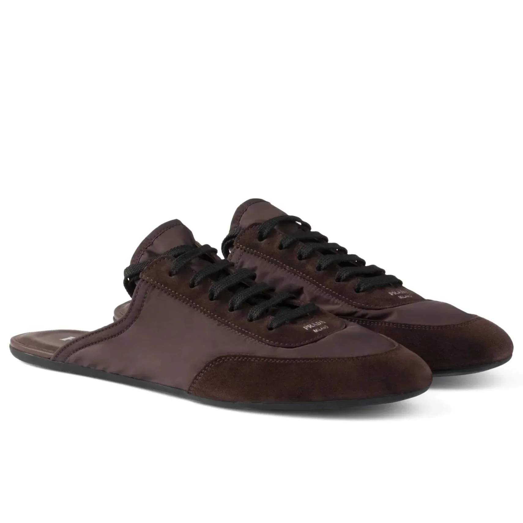 Prada Collapse Mules Brown Black Suede Goatskin