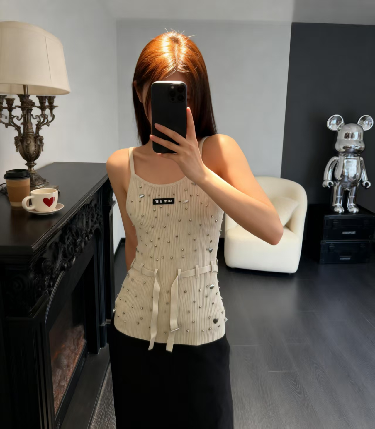 Miumiu 2026 Knit Top With Crystal Details And Belted Waist Wool