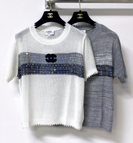 Chanel 2026 Short-sleeved Shirt Grey White Tencel Wool 295276