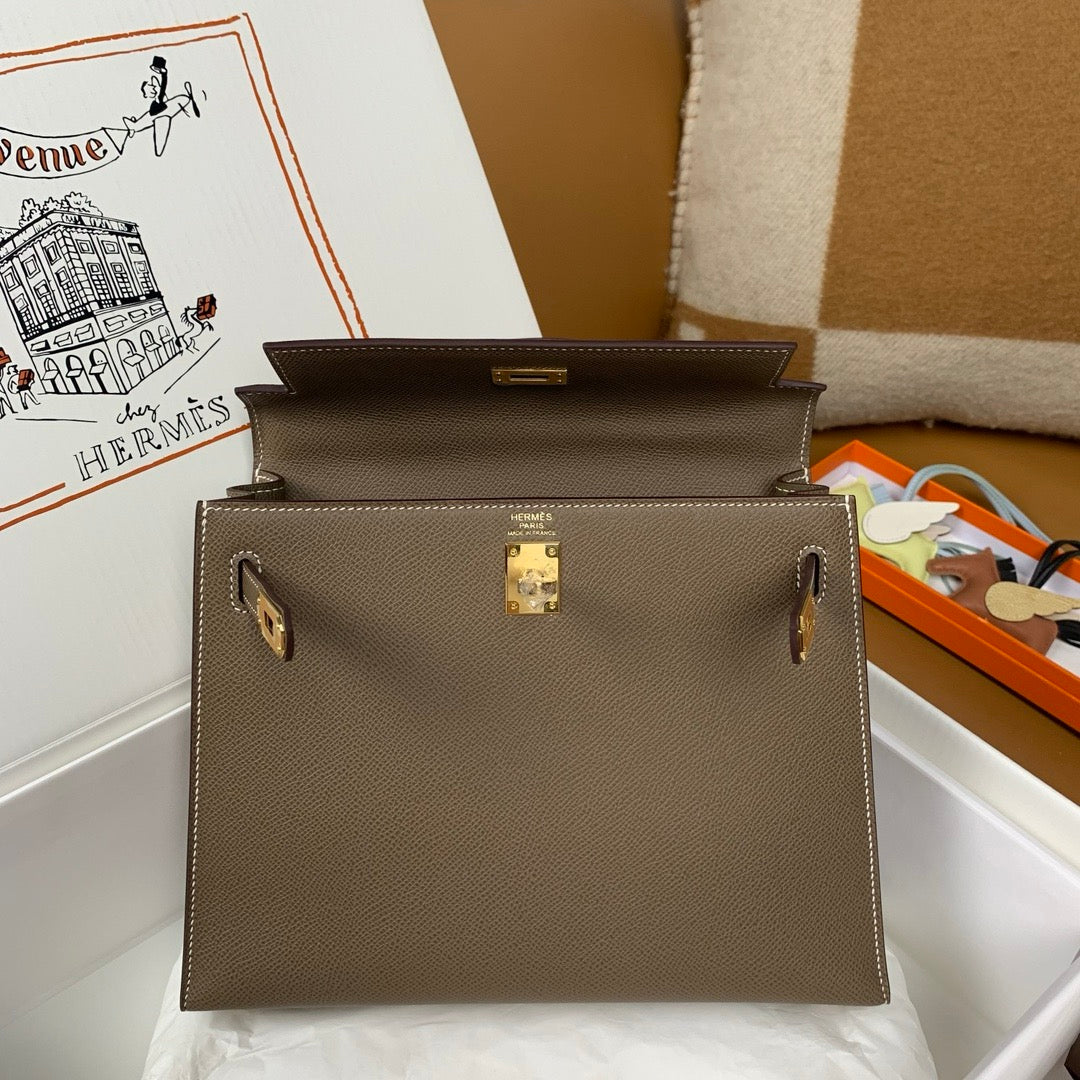 HM KELLY 28CM ETOUPE EPSOM GOLD HARDWARE