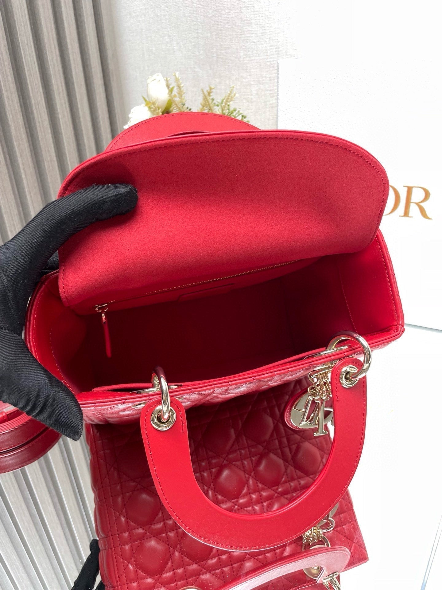 medium lady 24 red calfskin gold hardware