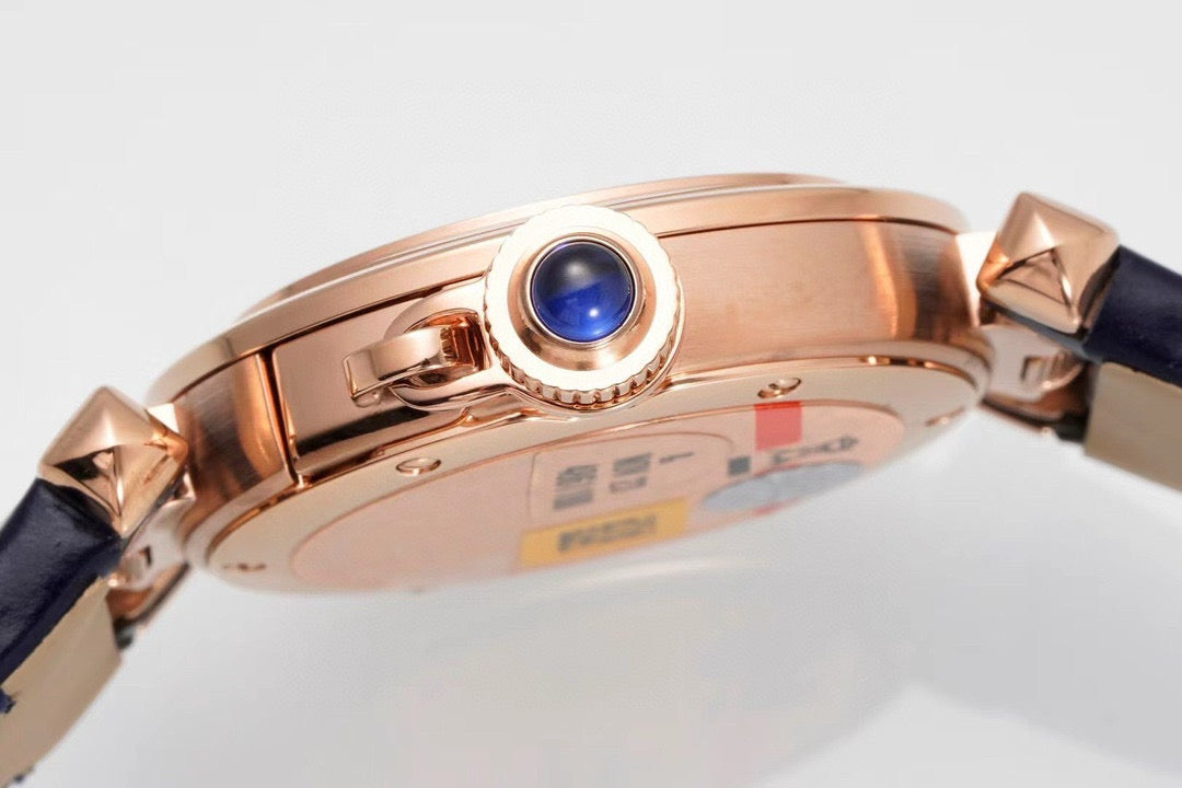 Pasha 30mm Quartz Pink Gold Case White Dial Navy Blue Strap