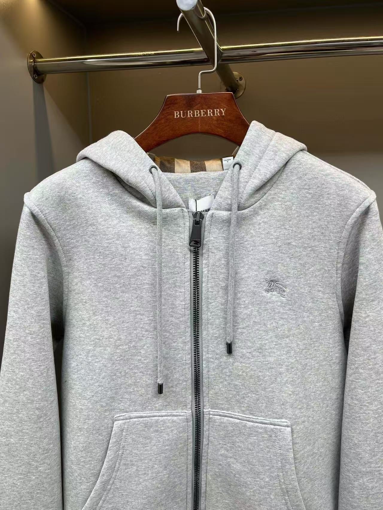 Burberry Checked Thick Hoodie Gray Cotton